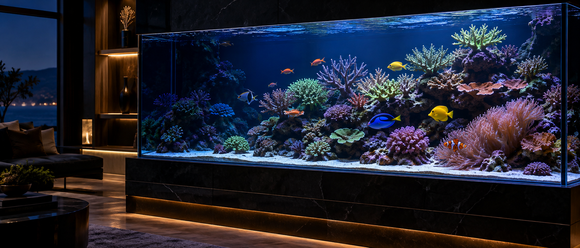 A mature saltwater reef aquarium glowing with coral and tropical fish in a dark modern room